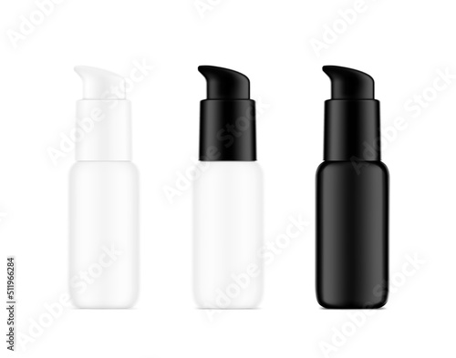 White and black airless pump bottle mockup. Vector illustration isolated on white background. Сan be used for cosmetic, medical and other needs. Symmetrical lighting scheme. EPS10.	