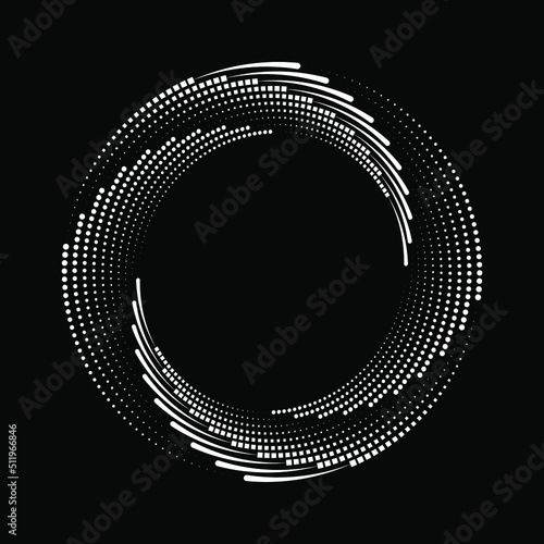 Vector dotted speed lines in vortex form. Geometric art. Segmented circle. Arc lines. Trendy design element for frame, round logo, sign, symbol, web, prints, posters, template, pattern, backdrop