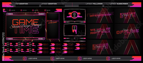 twitch Stream Facecam OBS Template Purple Game overlay design Pack . modern template illustration vector 