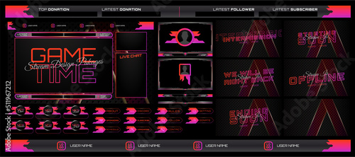 twitch Stream Facecam OBS Template Purple Game overlay design Pack . modern template illustration vector	
