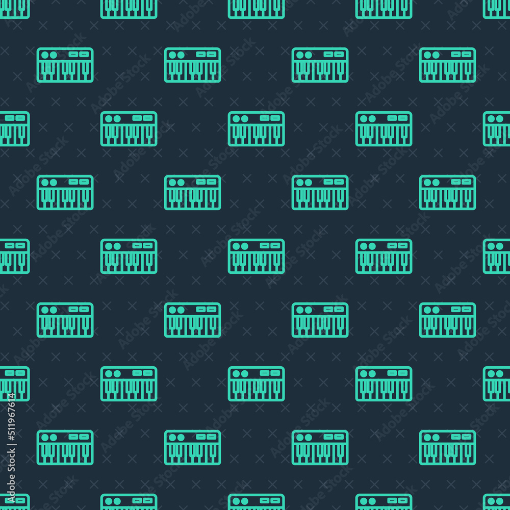 Green line Music synthesizer icon isolated seamless pattern on blue background. Electronic piano. Vector