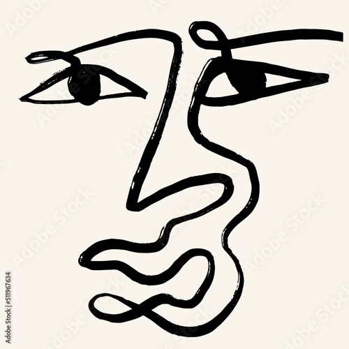 Vector hand drawn minimalistic one line illustration of human face. Creative ink flat naive artwork . Template for card  poster  banner  print for t-shirt  pin  badge  patch.