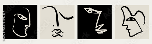 Vector set of hand drawn minimalistic one line illustration of human face. Creative ink flat naive artwork . Template for card, poster, banner, print for t-shirt, pin, badge, patch.