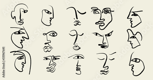 Vector set of hand drawn minimalistic one line illustration of human face. Creative ink flat naive artwork . Template for card, poster, banner, print for t-shirt, pin, badge, patch.