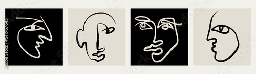 Vector set of hand drawn minimalistic one line illustration of human face. Creative ink flat naive artwork . Template for card, poster, banner, print for t-shirt, pin, badge, patch.