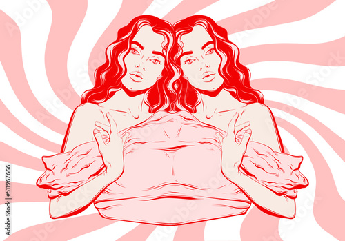 Vector hand drawnplacard with illustration of twins. Creative abstract artwork . Template for card, poster, banner, print for t-shirt, pin, badge, patch.