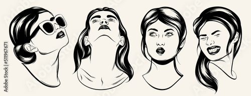 Vector hand drawn illustration of female characters. Creative abstract artwork with girls. Template for card, poster, banner, print for t-shirt, pin, badge, patch.
