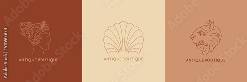 Vector set of hand drawn minimalistic placard with illustration. Creative abstract artwork with lion, shell . Template for card, poster, banner, print for t-shirt, pin, badge, patch.