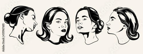 Vector hand drawn illustration of female characters. Creative abstract artwork with girls. Template for card, poster, banner, print for t-shirt, pin, badge, patch.