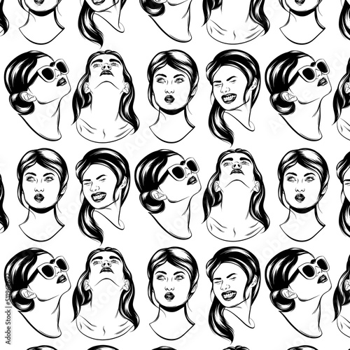 Vector pattern woth hand drawn illustration of female characters. Creative abstract artwork with girls. Template for card, poster, banner, print for t-shirt, pin, badge, patch.