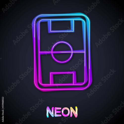 Glowing neon line Football or soccer field icon isolated on black background. Vector