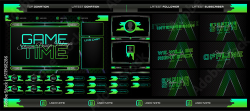 twitch Stream Facecam OBS Template Green Game overlay design Pack . modern template illustration vector