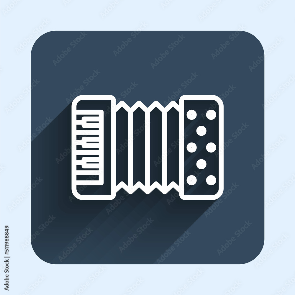 White line Musical instrument accordion icon isolated with long shadow background. Classical bayan, harmonic. Blue square button. Vector White line Musical instrument accordion icon isolated with long shadow background. Classical bayan, harmonic. Blue square button. Vector