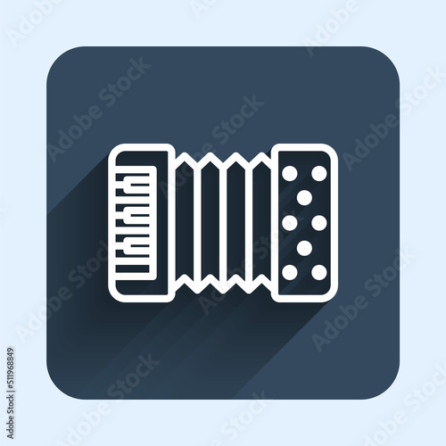 White line Musical instrument accordion icon isolated with long shadow background. Classical bayan, harmonic. Blue square button. Vector