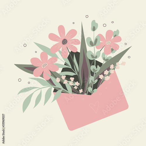 Envelope with a bouquet of flowers. Greeting card for the holiday. Vector illustration