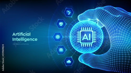 AI. Artificial Intelligence in the shape of sphere with hexagon pattern in wireframe hand. Machine Learning Concept. Big data innovation technology. Neural networks. Vector illustration.