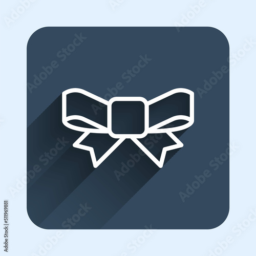 White line Gift bow icon isolated with long shadow background. Blue square button. Vector