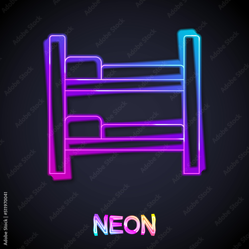 Glowing neon line Bunk bed icon isolated on black background. Vector Glowing neon line Bunk bed icon isolated on black background. Vector