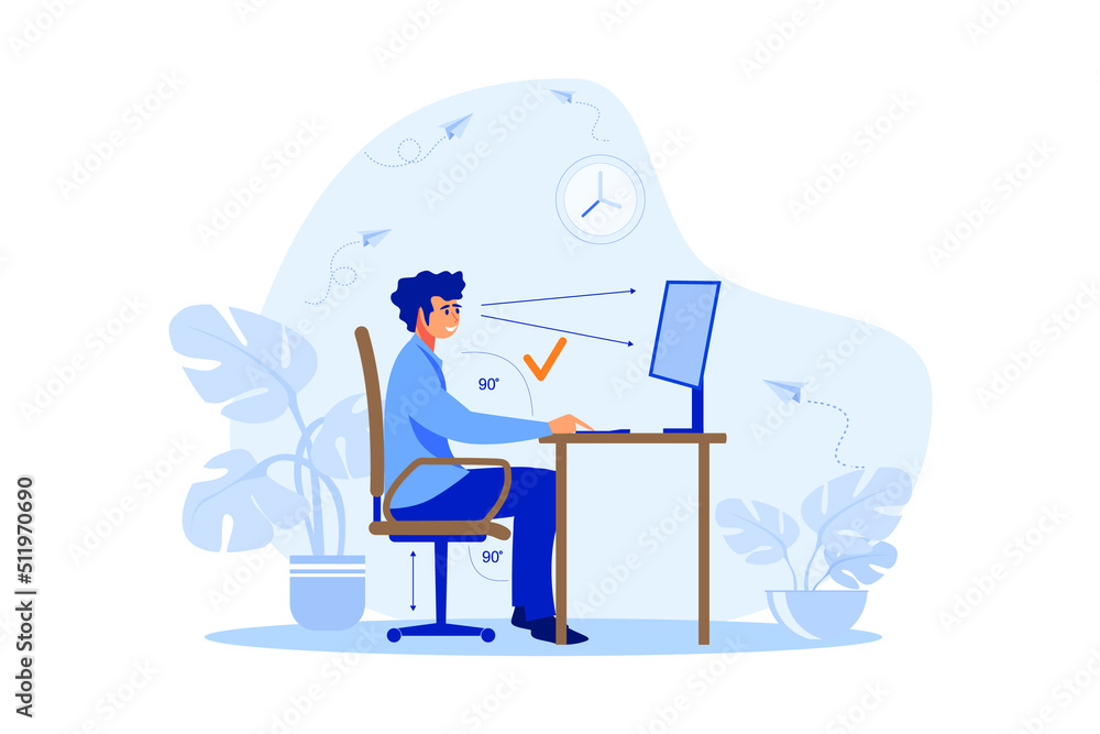 Instruction for correct pose during office work flat vector illustration. Cartoon worker sitting at desk with right posture for healthy back and looking at computer. flat design modern illustration - obrazy, fototapety, plakaty 