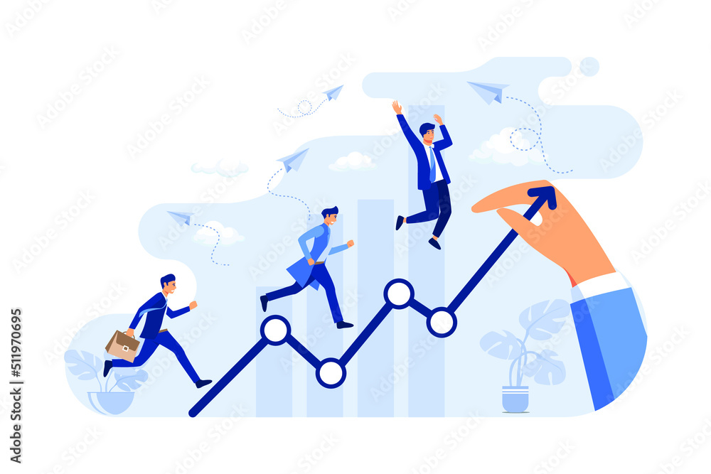 Business people walking up on increase chart line. Huge hand drawing ...