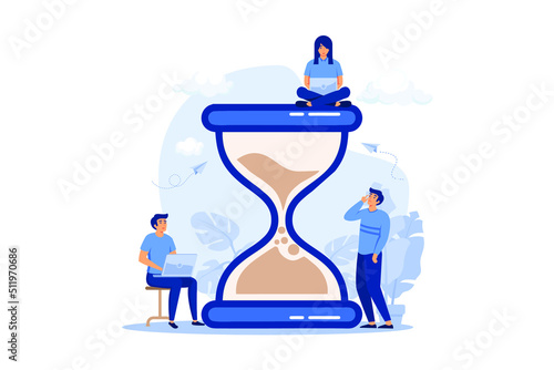 Tiny people and huge sand glass flat vector illustration. Cartoon team working together with laptops. Time management and business concept. flat design modern illustration