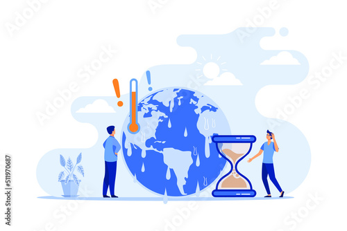 Tiny people with melting planet in background. High temperature and hot weather on Earth, hourglass flat vector illustration. flat design modern illustration