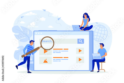 People using search box for query, engine giving result. Vector illustration for SEO work, SERP, online promotion, content marketing concept. flat design modern illustration