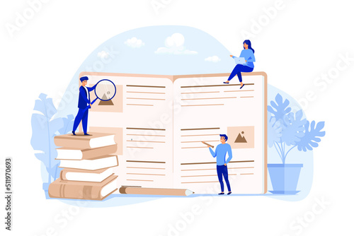 Students learning foreign language with vocabulary. Tiny people reading grammar book. Flat vector illustration for abc book, literature class, knowledge concept. flat design modern illustration