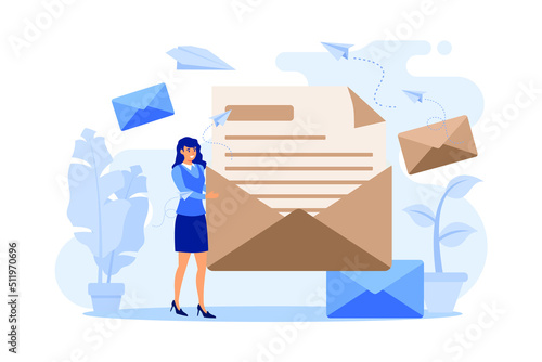 Cartoon woman holding huge envelope with letter flat vector illustration. Working process, new email message, office paper and mail delivery. Business and communication concept. flat design modern ill