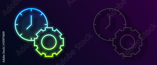 Glowing neon line Time management icon isolated on black background. Clock and gear sign. Productivity symbol. Vector