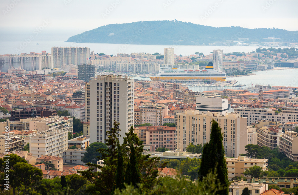 View of Toulon city and coastline from Faron mountain at summer, South France