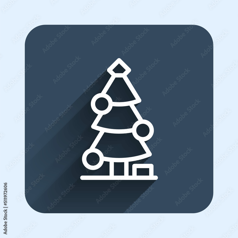 White line Christmas tree with decorations icon isolated with long shadow background. Merry Christmas and Happy New Year. Blue square button. Vector White line Christmas tree with decorations icon isolated with long shadow background. Merry Christmas and Happy New Year. Blue square button. Vector