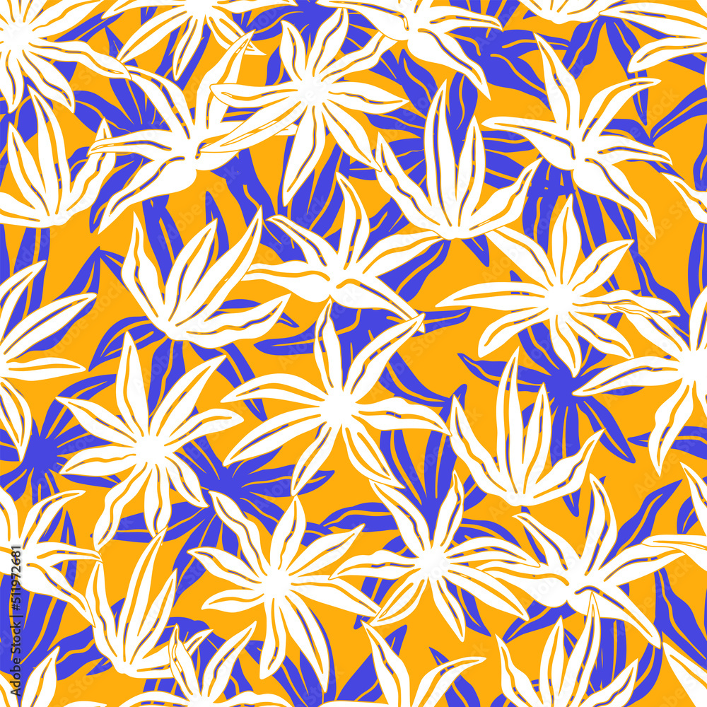 Stylized tropical flowers and leaves. Floral seamless pattern. Modern abstract print with botanical shapes. Colorful groovy vector background. Stylized tropical flowers and leaves. Floral seamless pattern. Modern abstract print with botanical shapes. Colorful groovy vector background.