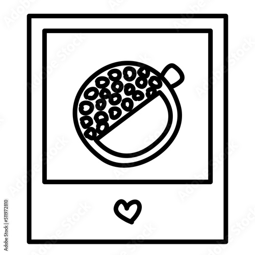 Cute photo frame memory with warm cocoa mug. Instant camera pic for photo album. Fun minimalist drawing with marshmallow