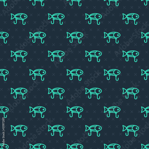 Green line Fishing lure icon isolated seamless pattern on blue background. Fishing tackle. Vector