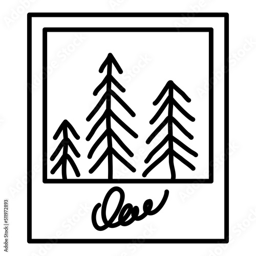 Cute photo frame memory from vacation. Instant camera pic for photo album. Fun minimalist drawing of trees in a forest
