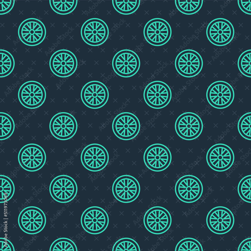 Green line Alloy wheel for car icon isolated seamless pattern on blue background. Vector Green line Alloy wheel for car icon isolated seamless pattern on blue background. Vector