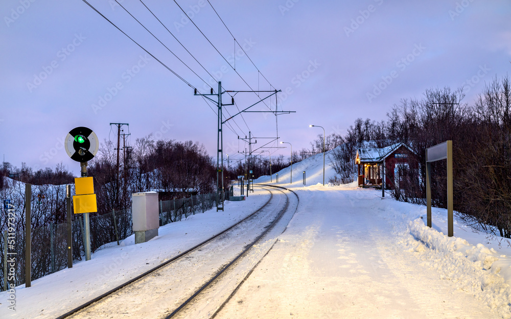 Abisko Turiststation railway station in Swedish Lapland in winter