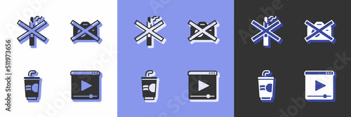 Set Online play video, No smoking, Paper glass with water and Prohibition no recording icon. Vector