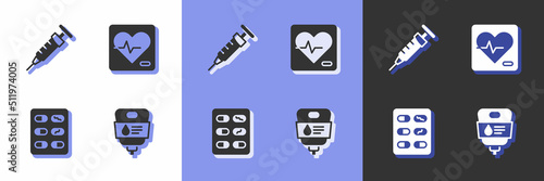 Set IV bag, Syringe, Pills blister pack and Heart rate icon. Vector