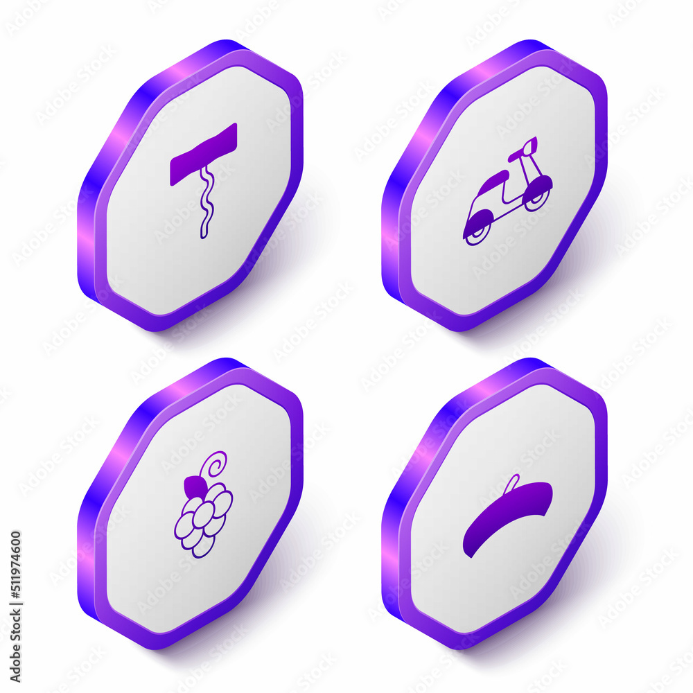 Set Isometric Wine corkscrew, Scooter, Grape fruit and French beret icon. Purple hexagon button. Vector Set Isometric Wine corkscrew, Scooter, Grape fruit and French beret icon. Purple hexagon button. Vector