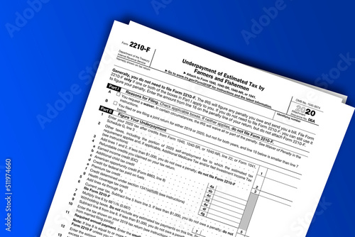 Form 2210-F documentation published IRS USA 44501. American tax document on colored