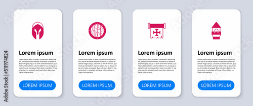 Set Castle tower, Crusade, Round wooden shield and Medieval helmet. Business infographic template. Vector