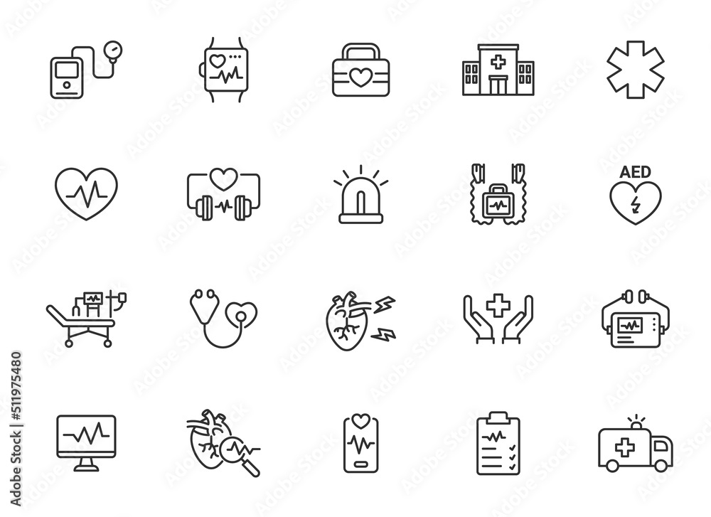 Hospital cardiology line icon set. Medical healthcare thin vector doctor equipment medicine heart clinic line icon Hospital cardiology line icon set. Medical healthcare thin vector doctor equipment medicine heart clinic line icon