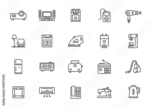 Vector household appliance line icons microwave fridge iron electric household cooking symbol