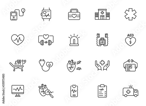 Hospital cardiology line icon set. Medical healthcare thin vector doctor equipment medicine heart clinic line icon