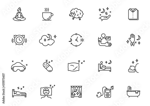 Insomnia line icon set. Sleep rest pillow dream vector night dream outline bedroom healthy sleep line icon.