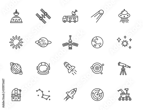 Astronomy rocket line icon set. Vector thin ship space planet outline linear spaceship astronomy illustration
