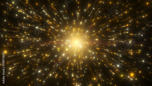 Abstract yellow gold color light trail creative cosmic background. Explosion, Hyper jump into another galaxy. Speed of light, neon glowing rays in motion.