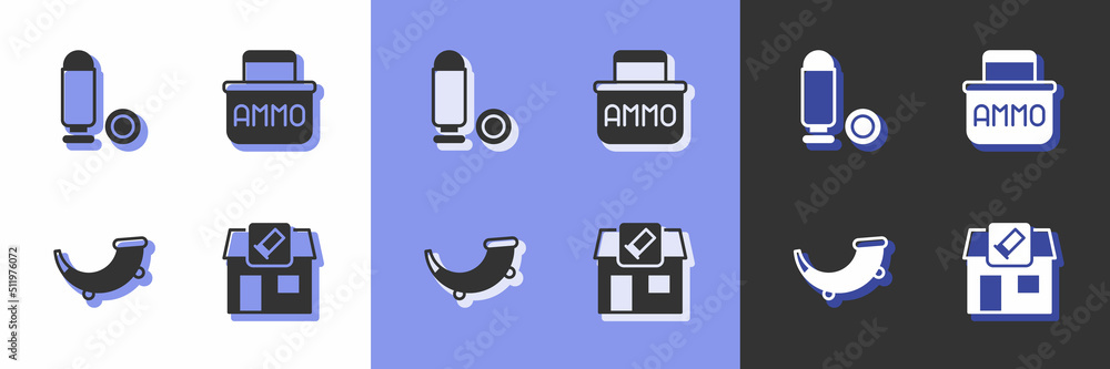 Set Hunting shop, Bullet, horn and Ammunition box icon. Vector Set Hunting shop, Bullet, horn and Ammunition box icon. Vector